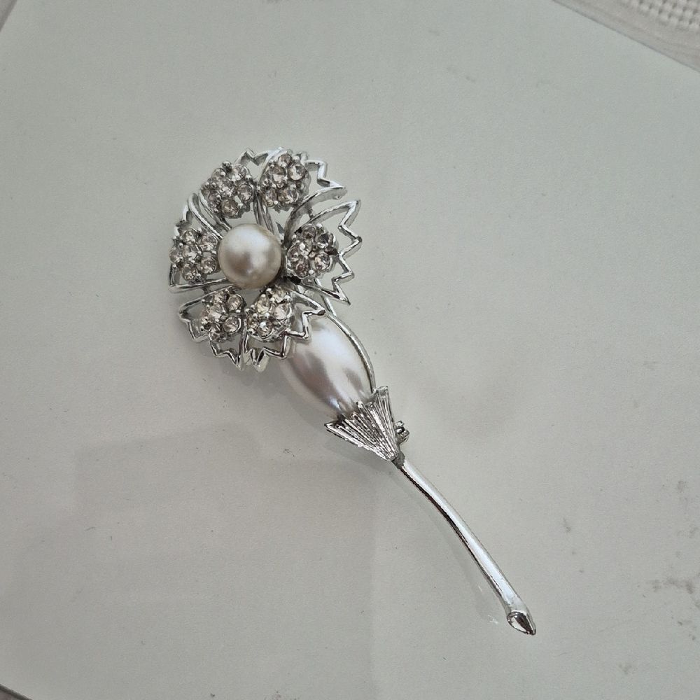 Silver and White Faux Pearl Floral Brooch